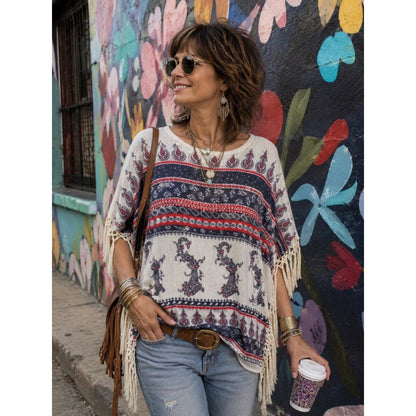 Vocal Embellished Paisley Knit Top - Cream, Red, Navy
