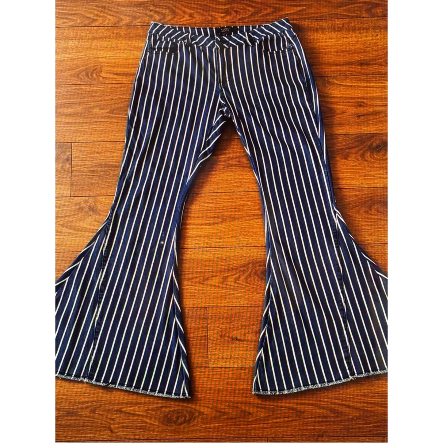 Lucky & Blessed Navy and White Striped Flare Pants