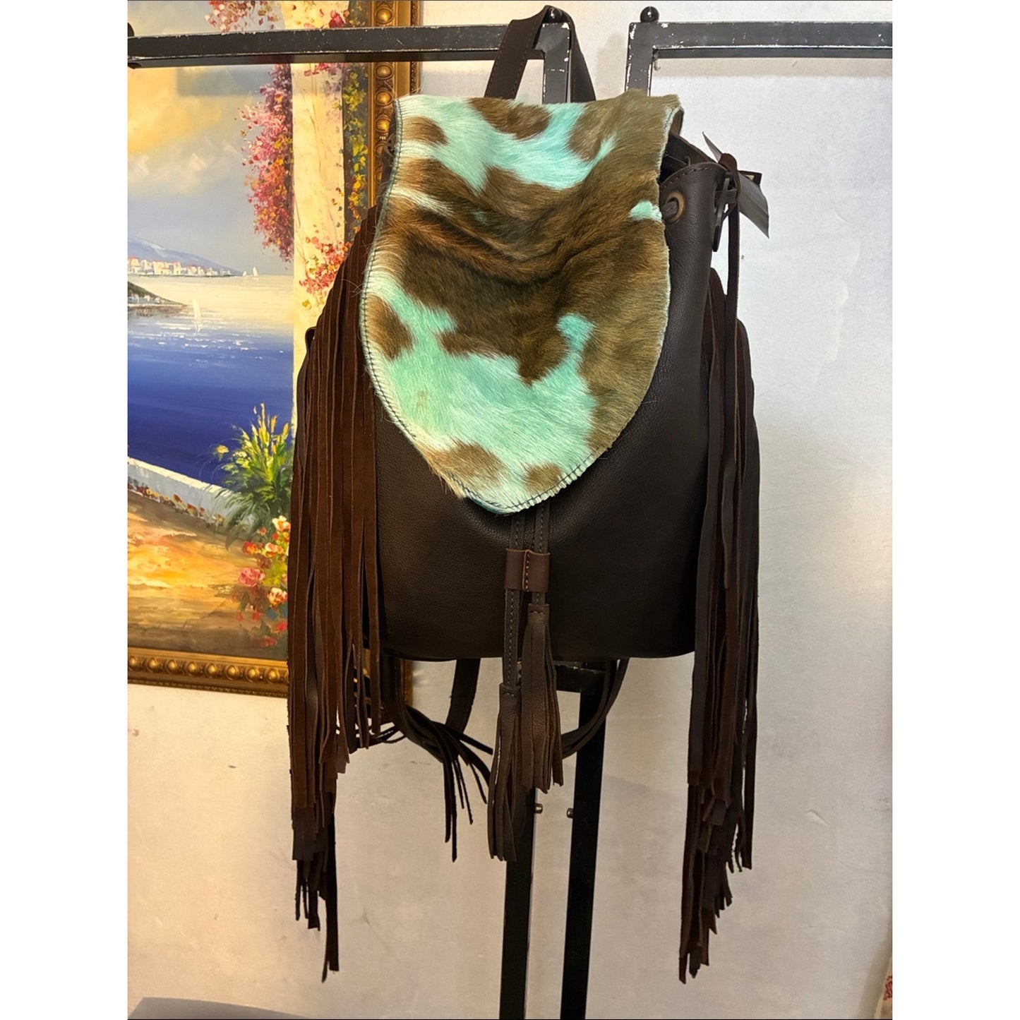 Fringe Leather Backpack with Turquoise Cowhide Flap