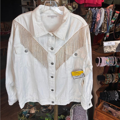 Fringe-Trim White Denim Jacket - Women