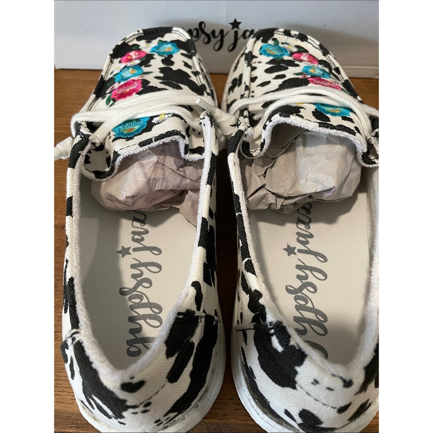 Gypsy Jazz Cow Print Canvas Shoes with Pink & Teal Floral Embroidery