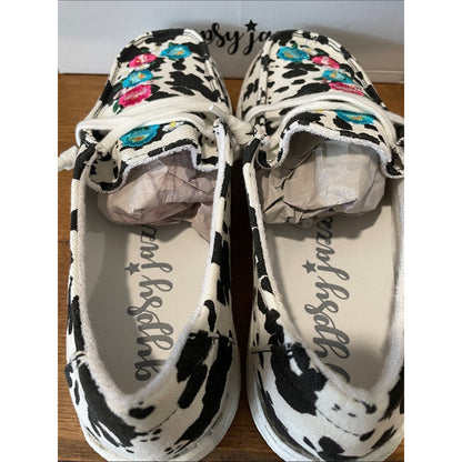 Gypsy Jazz Cow Print Canvas Shoes with Pink & Teal Floral Embroidery