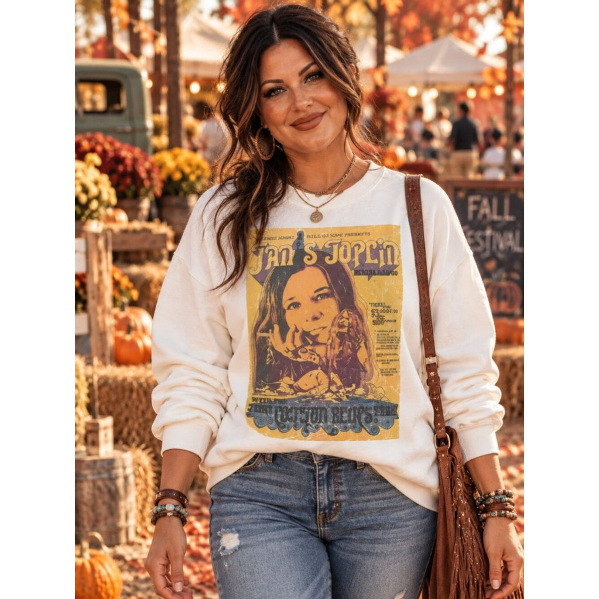 Janis Joplin Vintage Concert Graphic White Sweatshirt