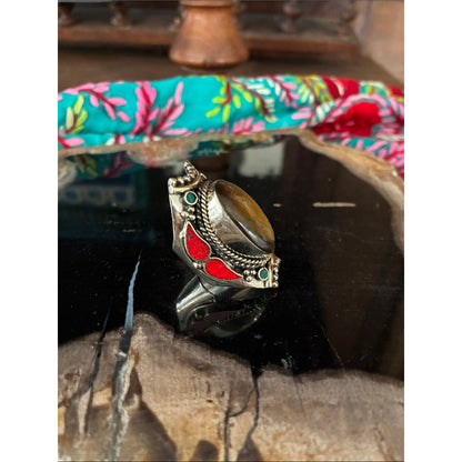Women's Tiger's Eye Statement Ring - Silver-Tone with Red & Green Accents