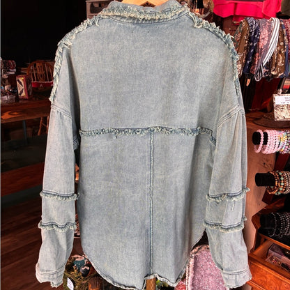 POL Distressed Light Blue Denim Jacket with Frayed Trim