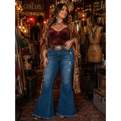 Lucky & Blessed Dark Blue Denim Flare Maxi Jeans plus size