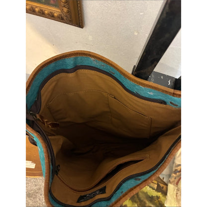 Turquoise Fringe Crossbody Bag with Brown Leather Trim