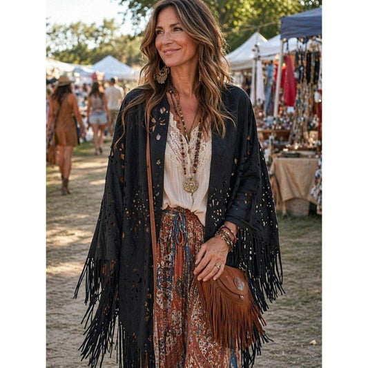 Elegant Black Women's Cape with Laser Cut Design