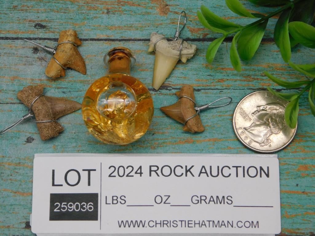 SHARK TEETH PENDANTS AND GOLD FLAKES IN BOTTLE