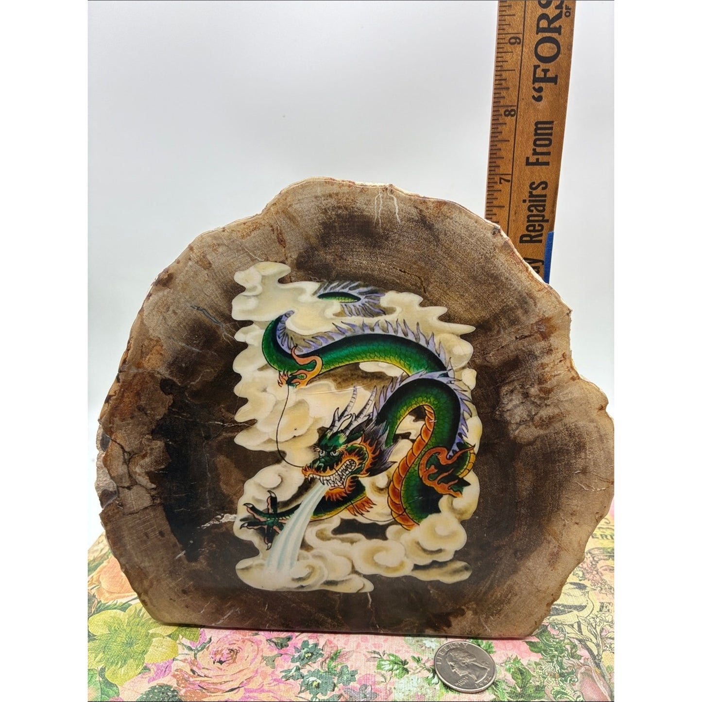 Green Chinese Dragon Decorative Petrified Wood Plaque Rock