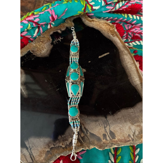 Turquoise Stone Beaded Silver Bracelet - Women Jewelry