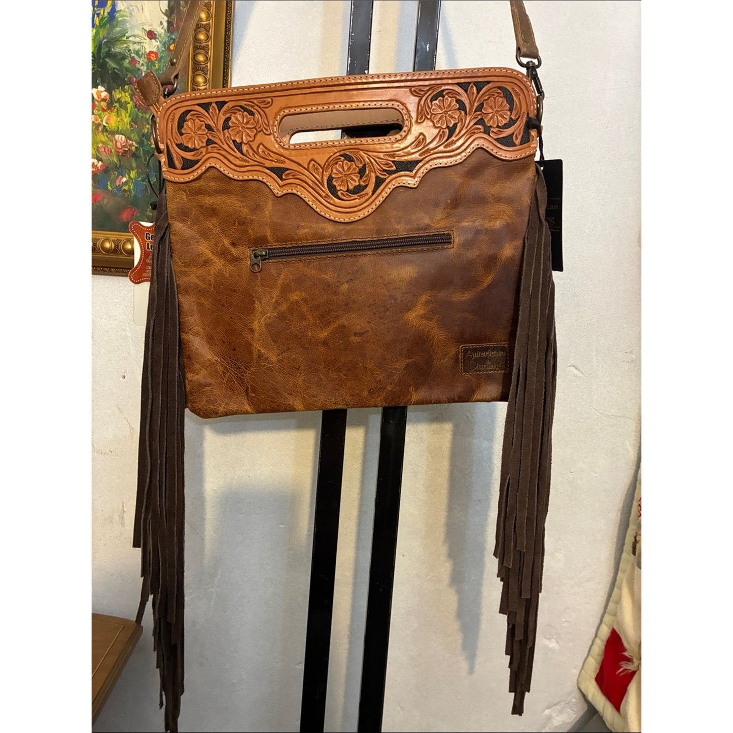 Embroidered Navy Crossbody Bag with Brown Leather Trim