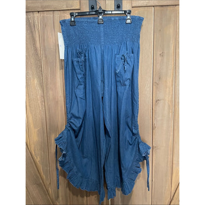Blue Wide-Leg Ruffle Hem Bottoms