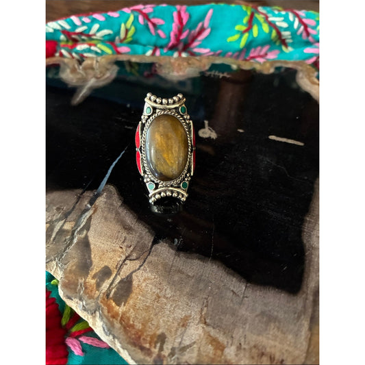 Women's Tiger's Eye Statement Ring - Silver-Tone with Red & Green Accents