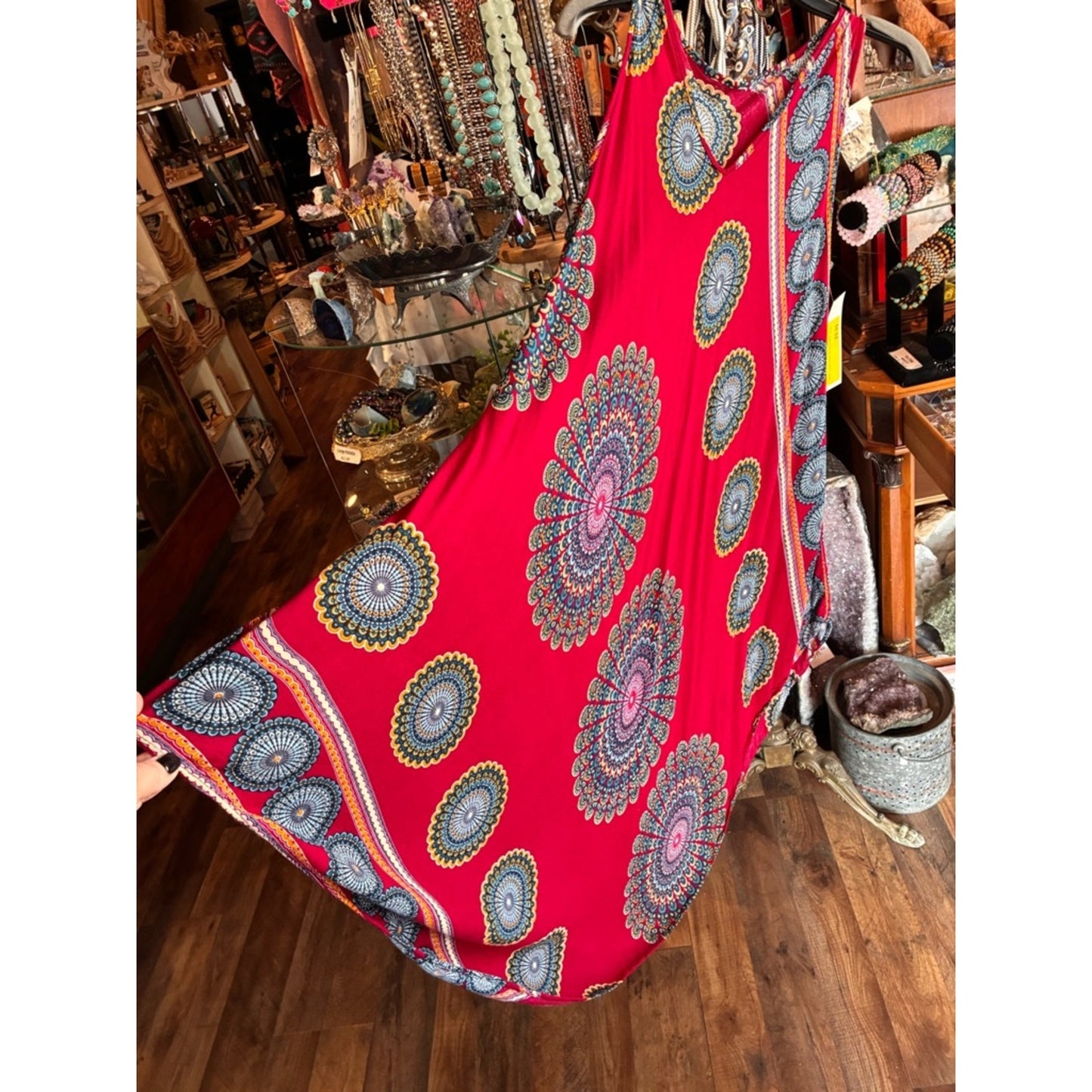 Bright Red Boho Maxi Dress with Medallion Print