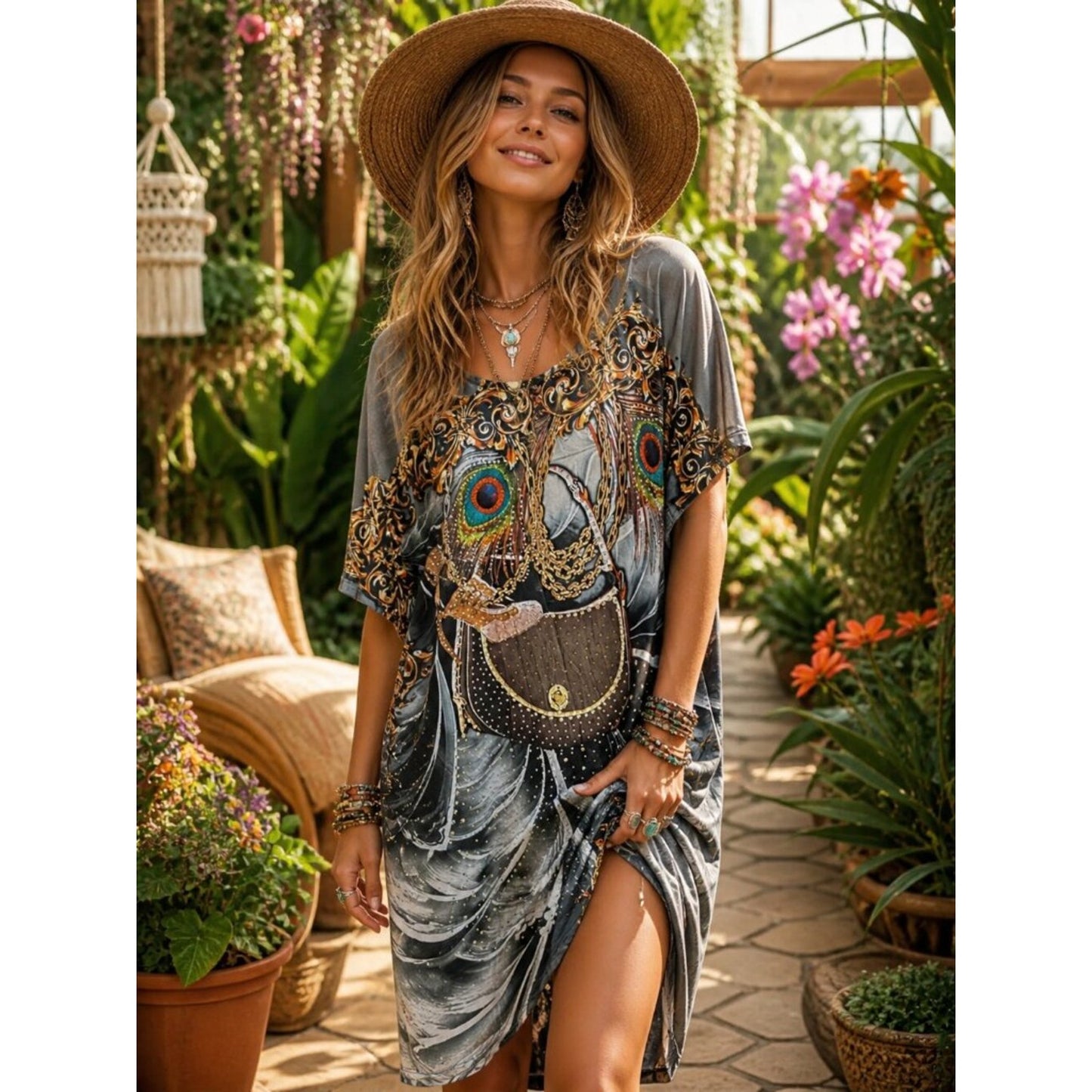 Mary McFadden Black Tunic with Gold and Orange Baroque Scrolls Peacock Feathers