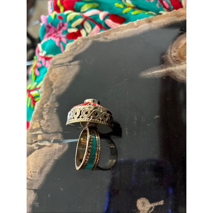 Turquoise & Coral Sunburst Ring - Women Jewelry