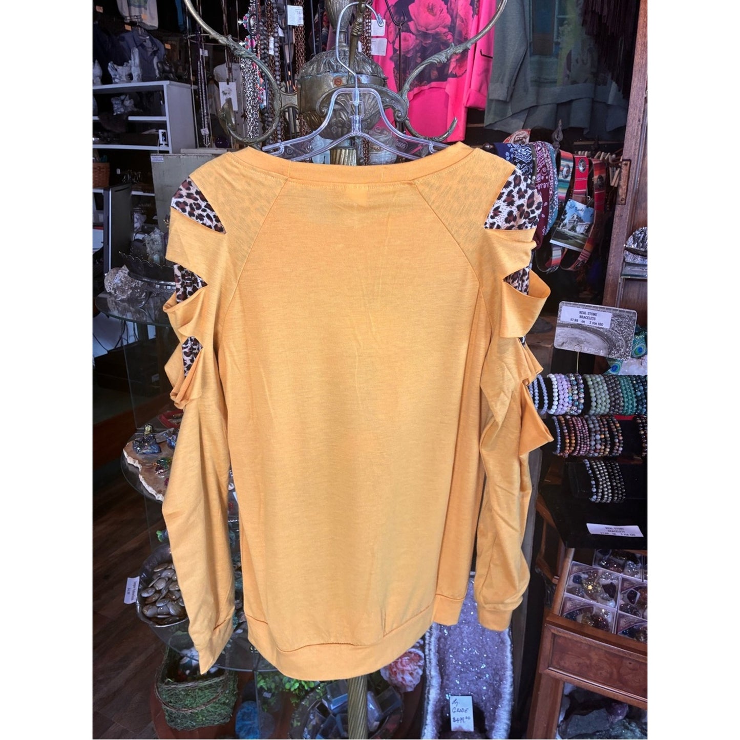 Long-Sleeve Graphic Tee Indian Profile in Yellow with Leopard Print