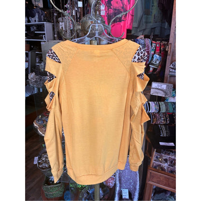 Long-Sleeve Graphic Tee Indian Profile in Yellow with Leopard Print
