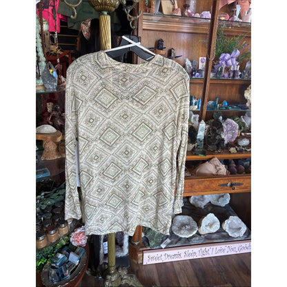 Vocal Cream and Green Geometric V-Neck Blouse