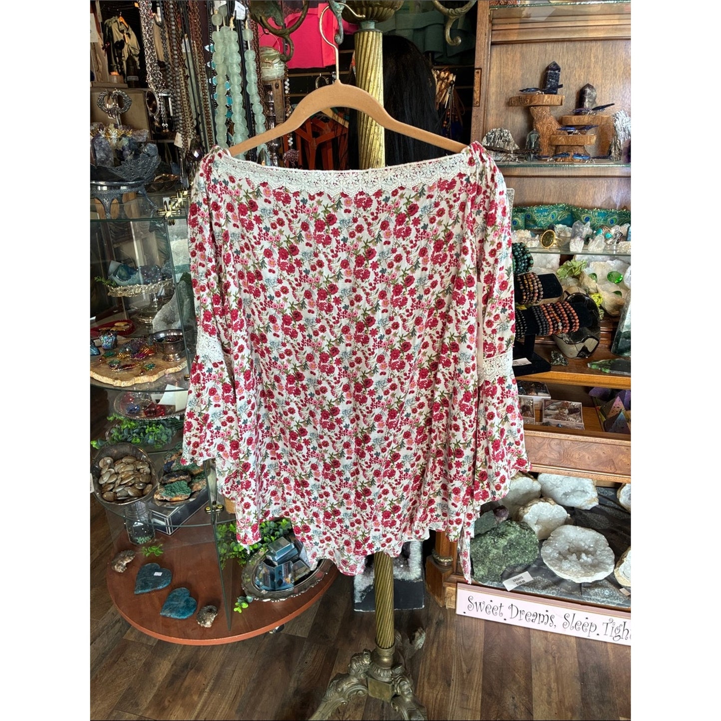 easel White and Red Floral Off-Shoulder Peasant Top
