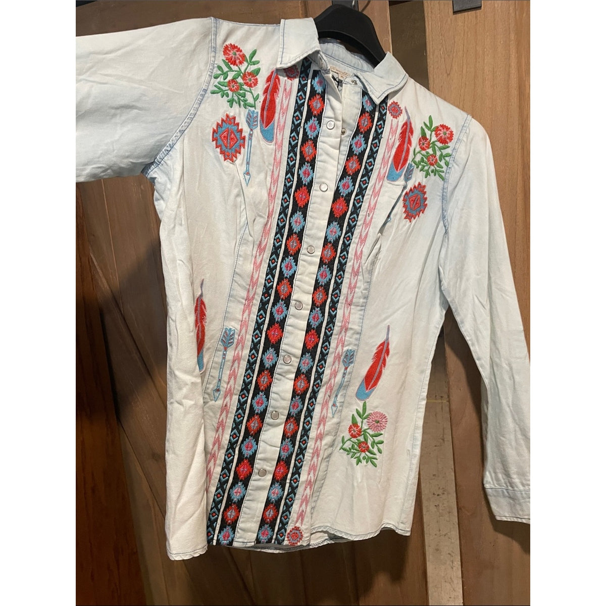 Embroidered Light Blue Button-Down Shirt with Tribal Stripe Detail