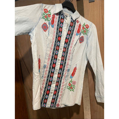 Embroidered Light Blue Button-Down Shirt with Tribal Stripe Detail