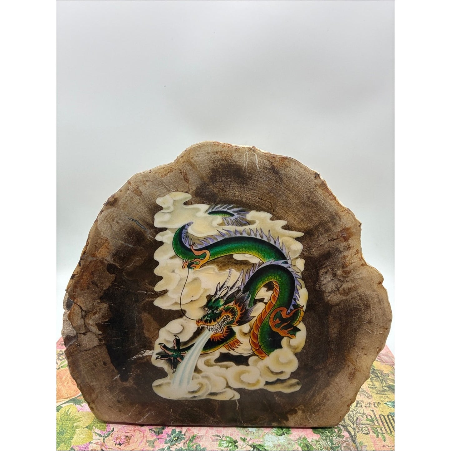 Green Chinese Dragon Decorative Petrified Wood Plaque Rock