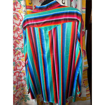 L&B Teal Multicolor Striped Sequin Fringe Silk Shirt