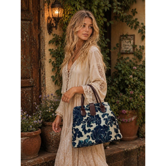 Blue Floral Brocade Purse Vintage Style Luxury