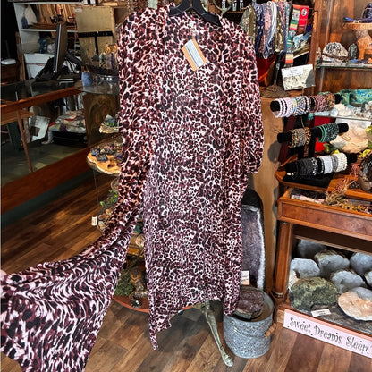 Leopard Print Duster Kimono Cardigan - Burgundy & Black