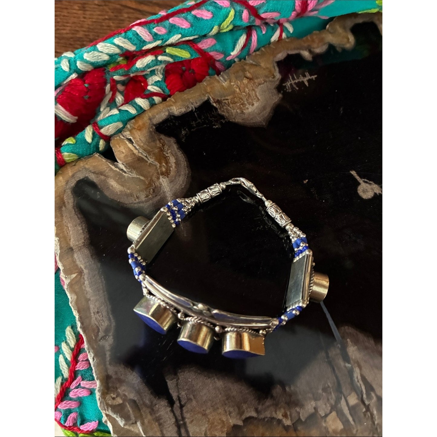 Handmade Blue Stone & Silver Beaded Women's Bracelet