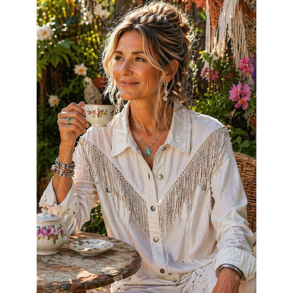 Fringe-Trim White Denim Jacket - Women
