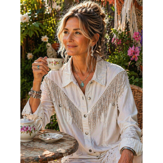 Fringe-Trim White Denim Jacket - Women