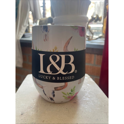 Lucky & Blessed White Floral Bull Stemless Cup