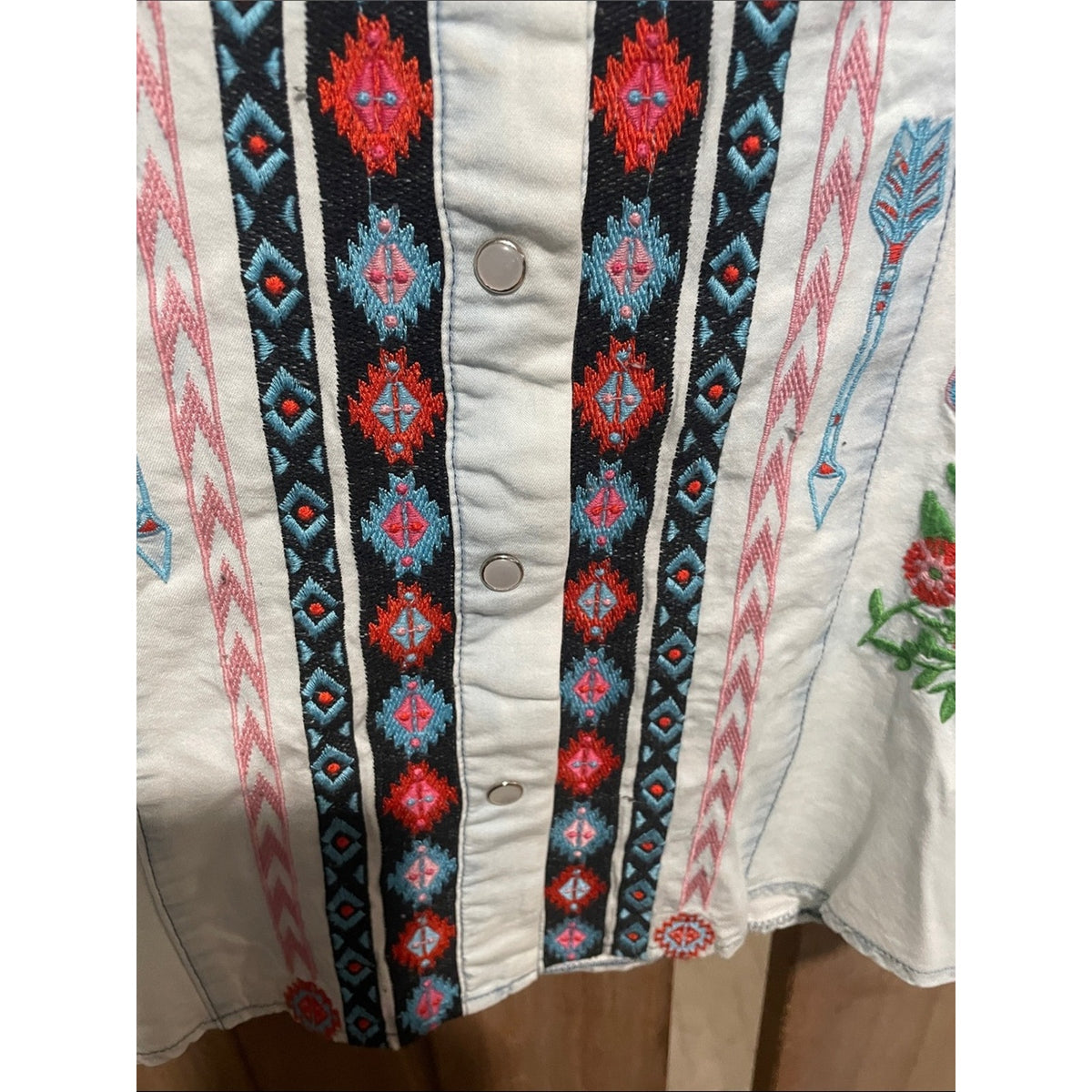 Embroidered Light Blue Button-Down Shirt with Tribal Stripe Detail