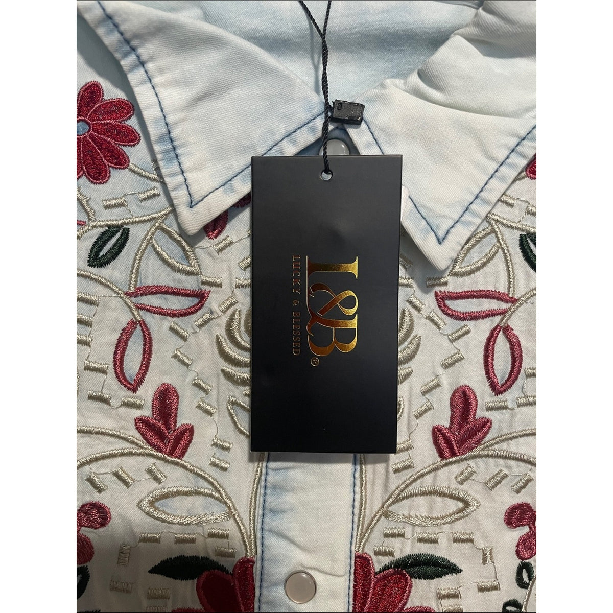 Lucky & Blessed Light Wash Denim Button-Down with Red Floral Embroidery