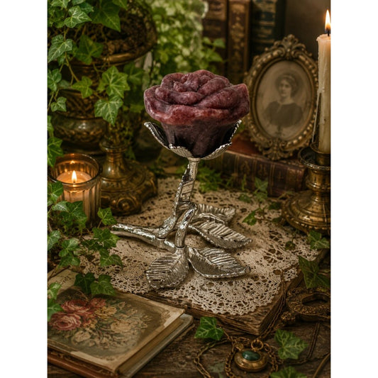 Carved Rose Sculpture on Silver-Tone Leaf Stem - Deep Mahogany Rock