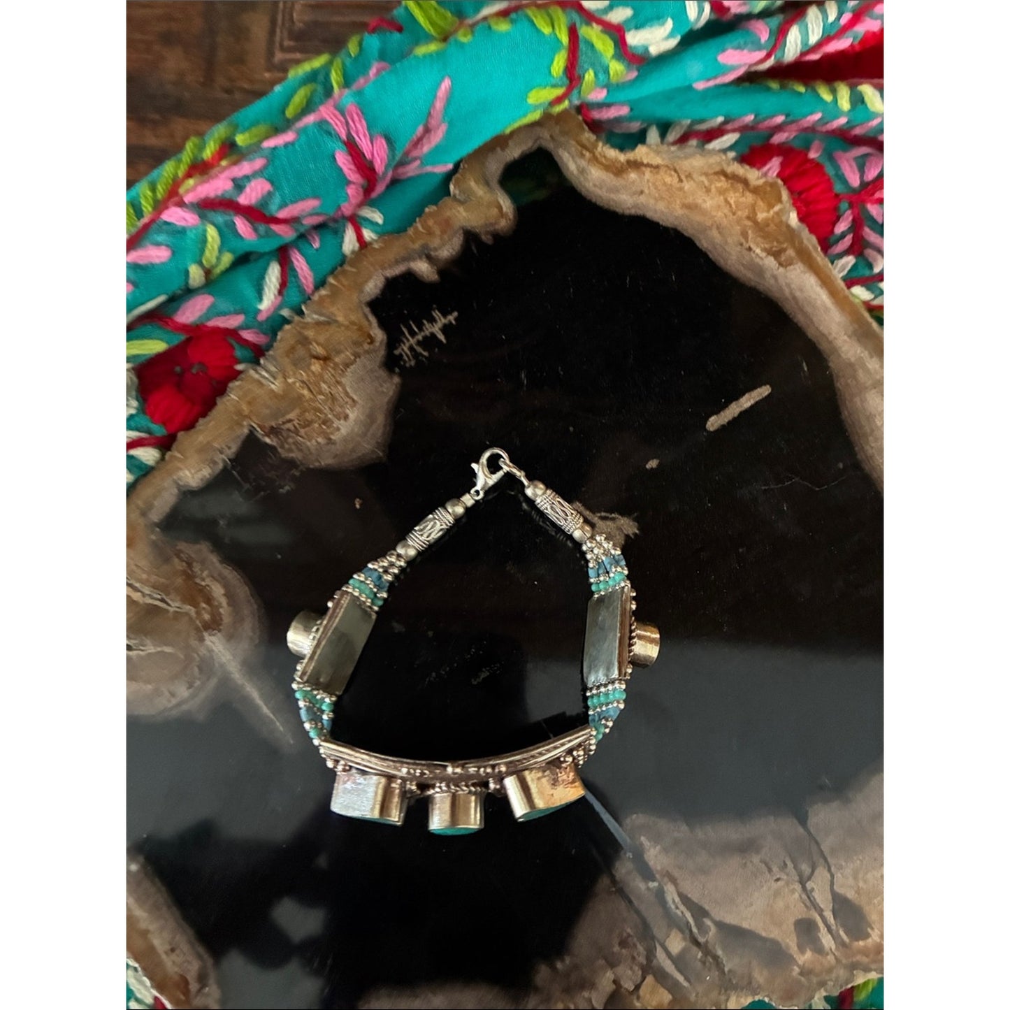 Turquoise Silver-Tone Beaded Statement Bracelet