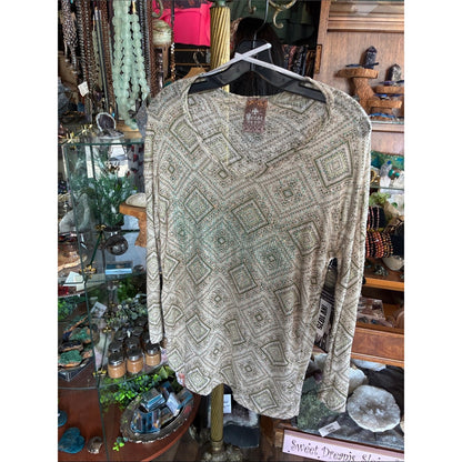 Vocal Cream and Green Geometric V-Neck Blouse