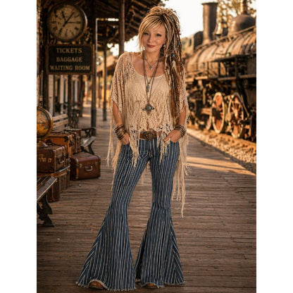 Lucky & Blessed Navy and White Striped Flare Pants