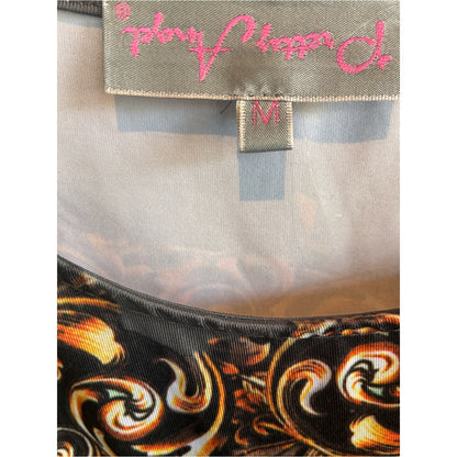 Mary McFadden Black Tunic with Gold and Orange Baroque Scrolls Peacock Feathers