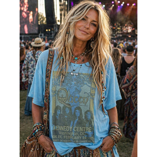 Vintage Style Queen Concert Tee - Blue and Yellow T-Shirt