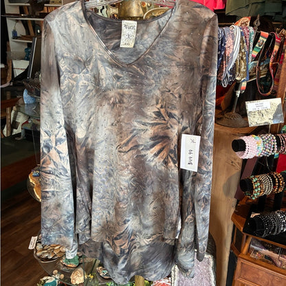 Scully Long Sleeve V-Neck Tie-Dye Top in Gray and Brown