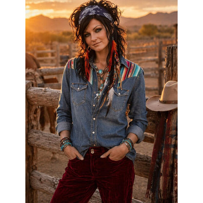 L&B Blue Denim Shirt with Multicolor Striped Yoke