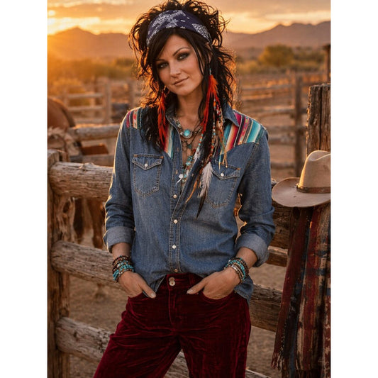 L&B Blue Denim Shirt with Multicolor Striped Yoke