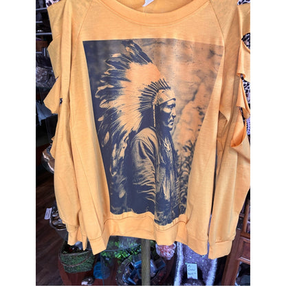 Long-Sleeve Graphic Tee Indian Profile in Yellow with Leopard Print