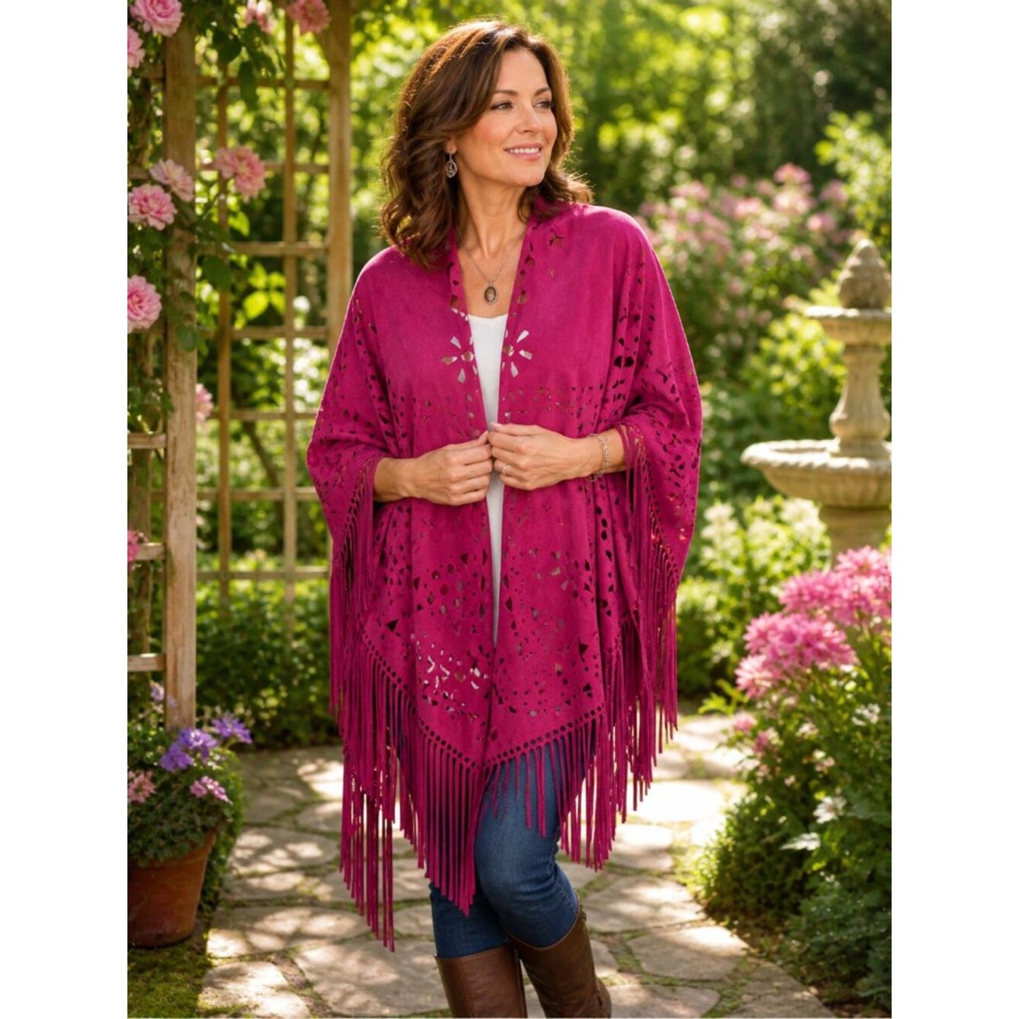 L&B Magenta Fringe Laser-Cut Poncho Sweater