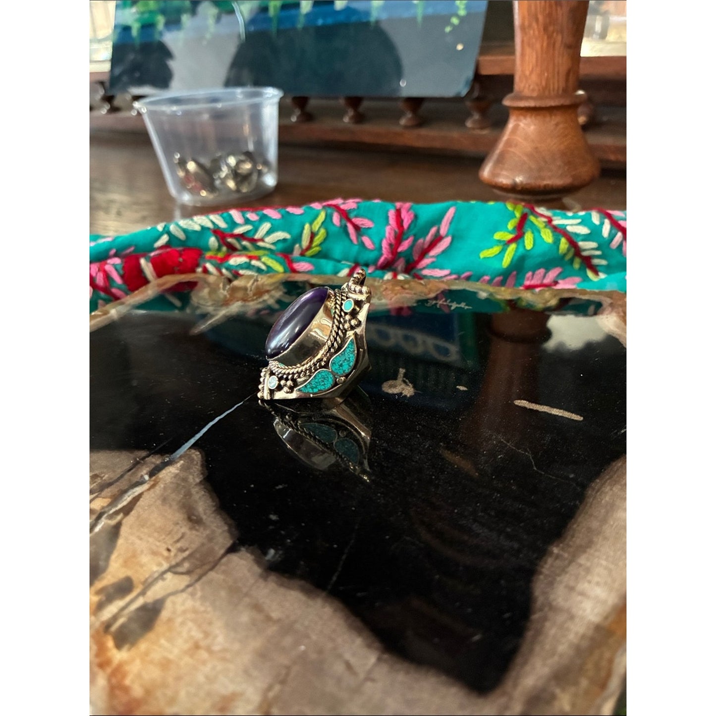 Silver-Style Black Stone and Turquoise Accent Ring - Boho Women Jewelry