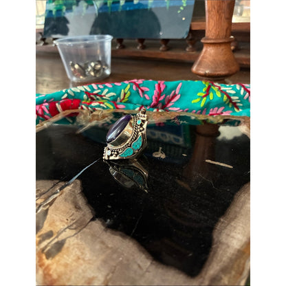 Silver-Style Black Stone and Turquoise Accent Ring - Boho Women Jewelry